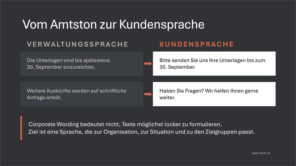 Vergleich von Amtssprache und verst&auml;ndlicher Kundensprache anhand zweier Formulierungsbeispiele.