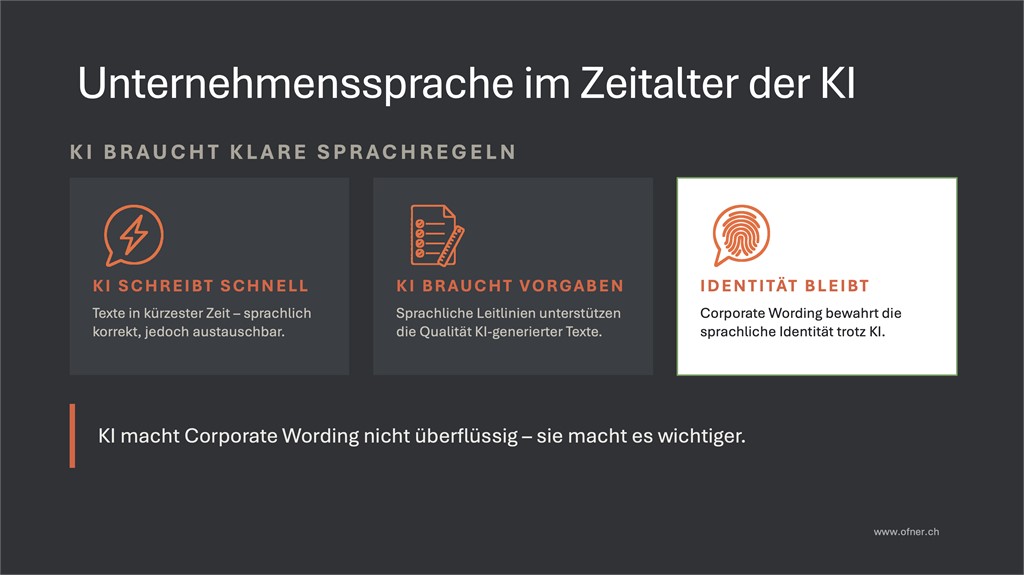 Corporate Wording wird zur Schnittstelle zwischen Mensch und KI: Klare Sprachregeln sorgen daf&uuml;r, dass auch automatisiert erstellte Texte zur Unternehmenssprache passen.