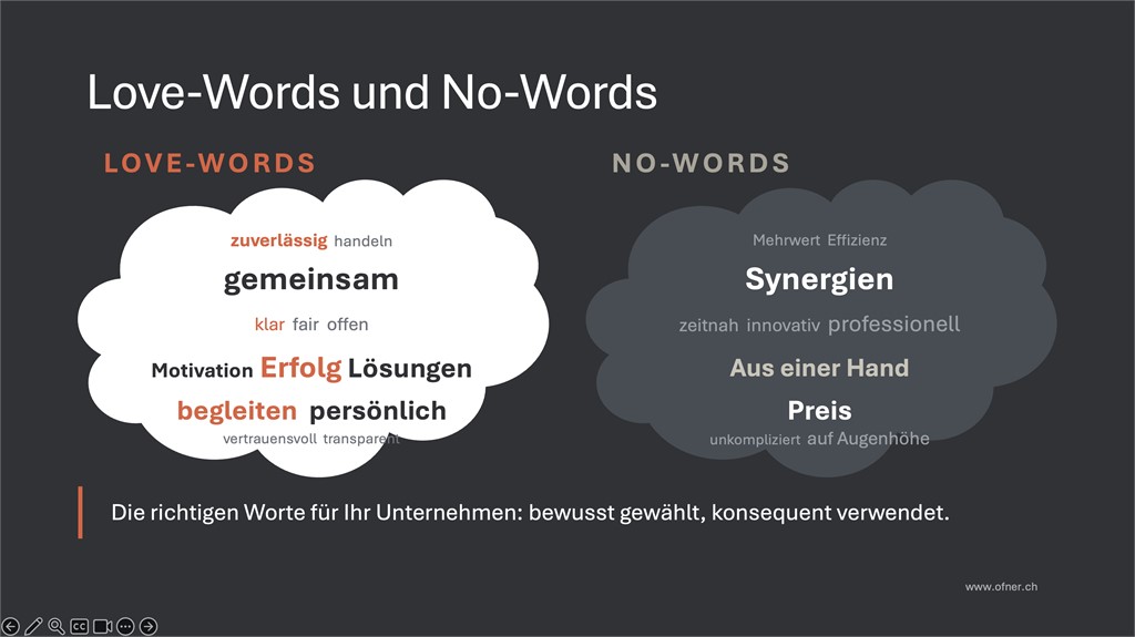 Love-Words und No-Words im Corporate Wording Guide: Bewusst gew&auml;hlte Begriffe st&auml;rken die Unternehmenssprache und sorgen f&uuml;r eine einheitliche Kommunikation.